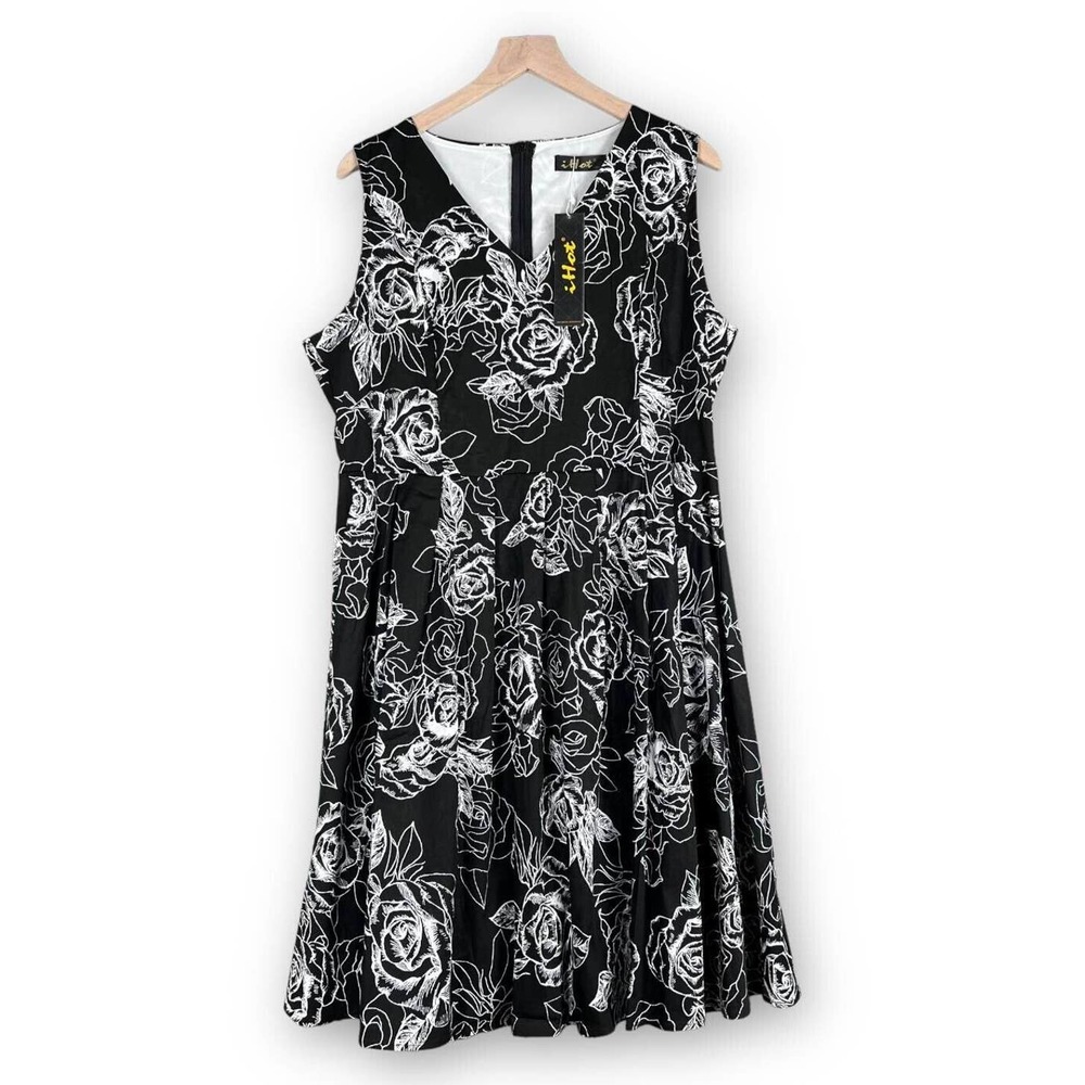 iHot Womens Sleeveless Floral Flare Dress 3XL Black Rose Retro 50s Plus XXXL
